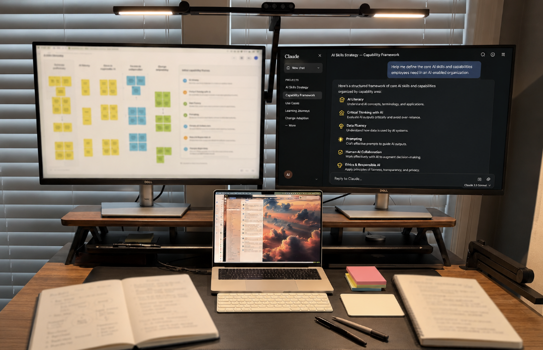 Dual-monitor workstation with AI skills strategy framework and Claude project chat open
