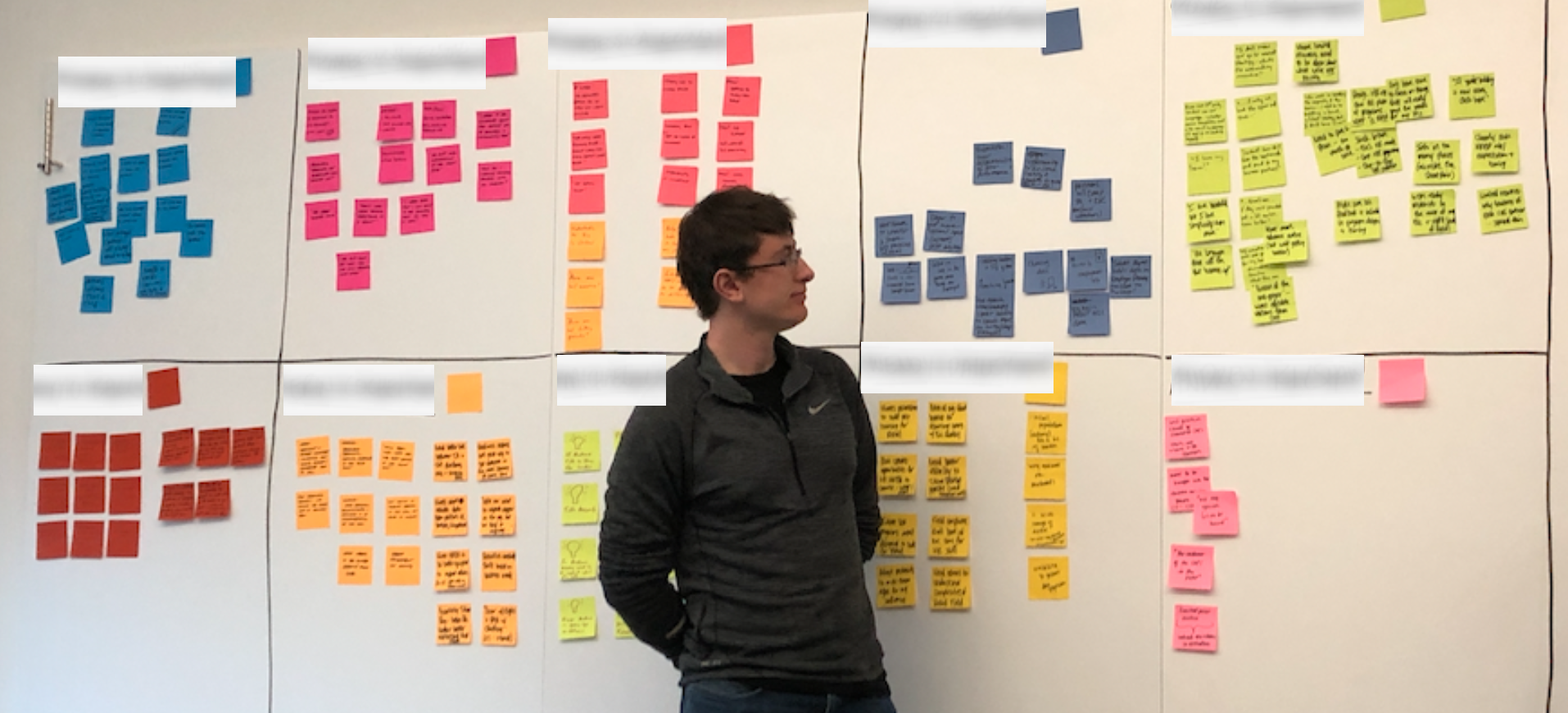 Researcher reviewing a persona sticky-note wall organized by name